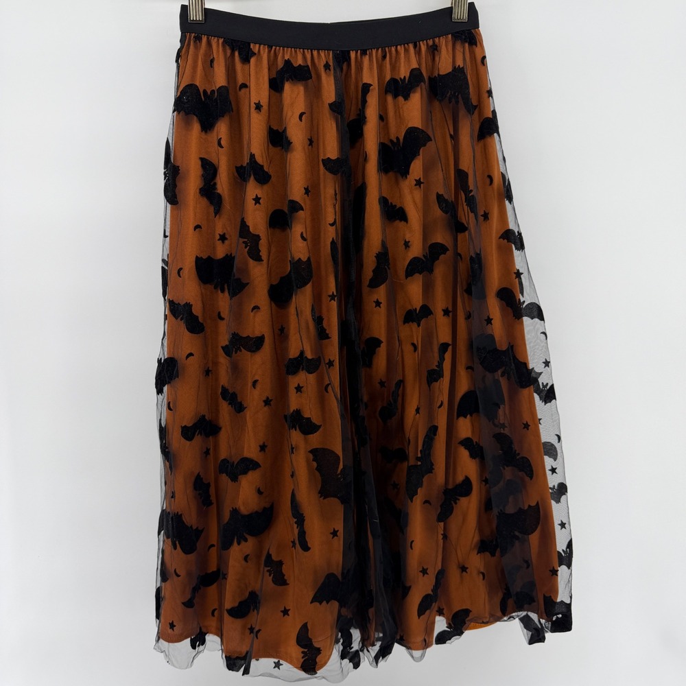 Chicwish Orange Black Velvet Bat Star Mesh Midi Skirt Halloween Gothic Small